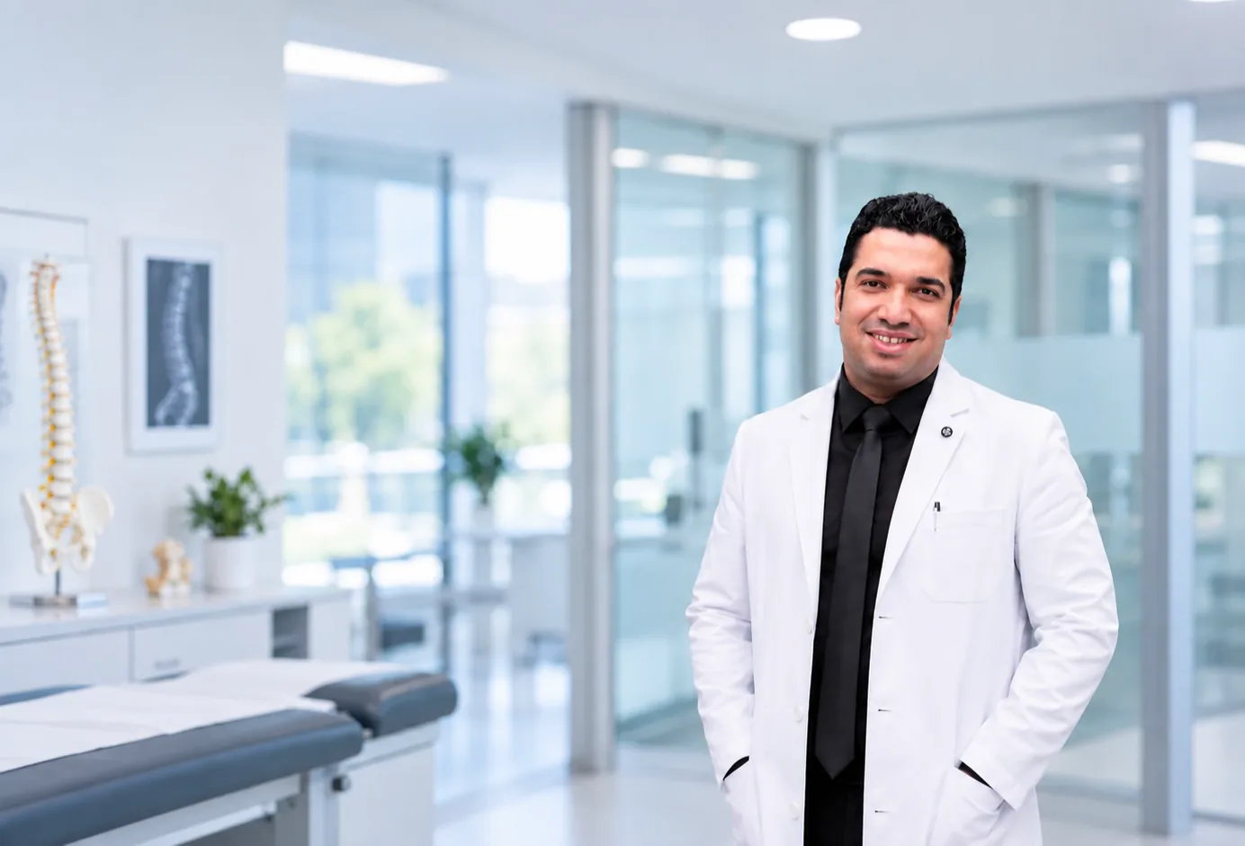 الدكتور محمد عامر داخل عيادة حديثة متخصصة في العمود الفقري
